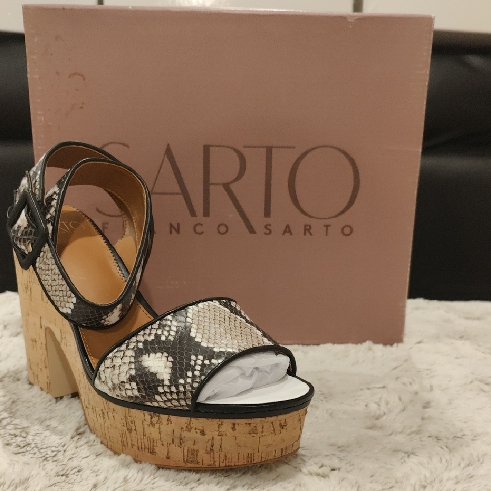 Franco Sarto Black and Cream Snakeskin Platform Heels